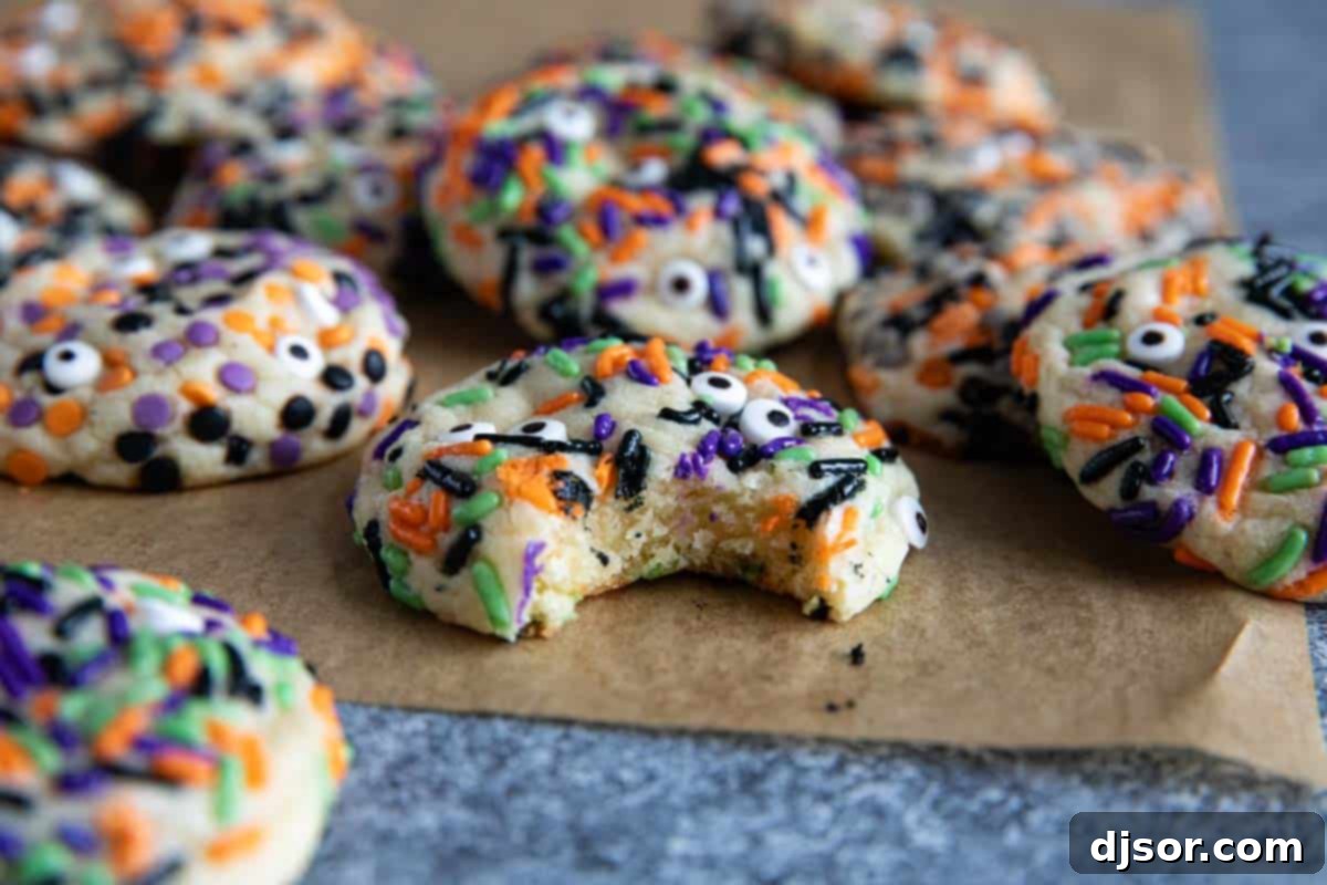 Monster Munchies 9 A Halloween cookie with festive sprinkles and a bite taken out of it, showcasing its soft interior.