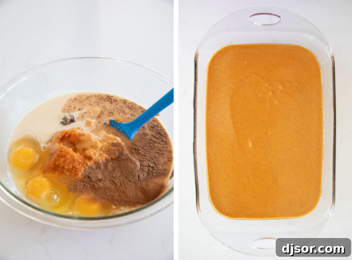 Golden Pumpkin Crumble Cake 4 Visual steps demonstrating the preparation of pumpkin dump cake: mixing the wet ingredients, then pouring the creamy pumpkin mixture into a baking dish, ready for the next layer.