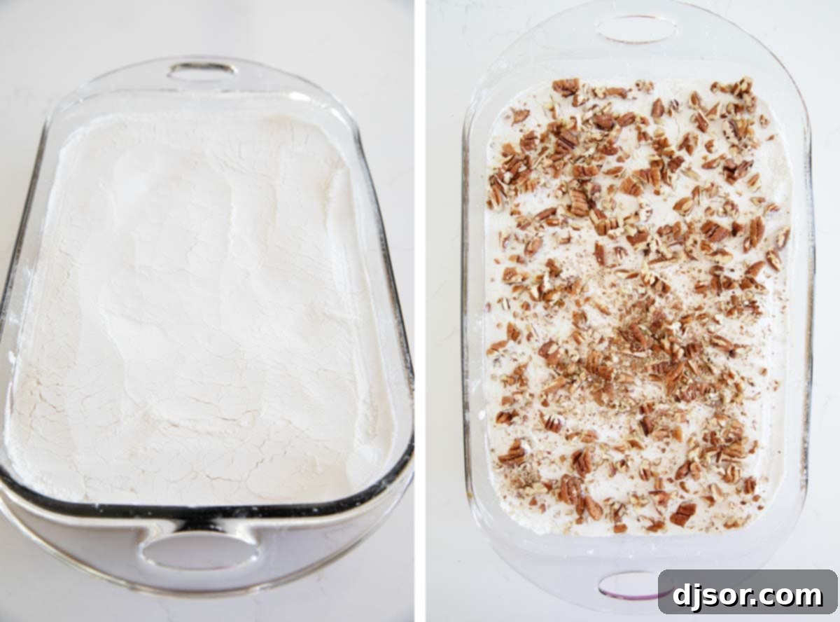 Autumn's Golden Pumpkin Dream 5 Dry yellow cake mix and chopped pecans being sprinkled over the pumpkin mixture in a baking dish, forming the next layers of the dump cake.