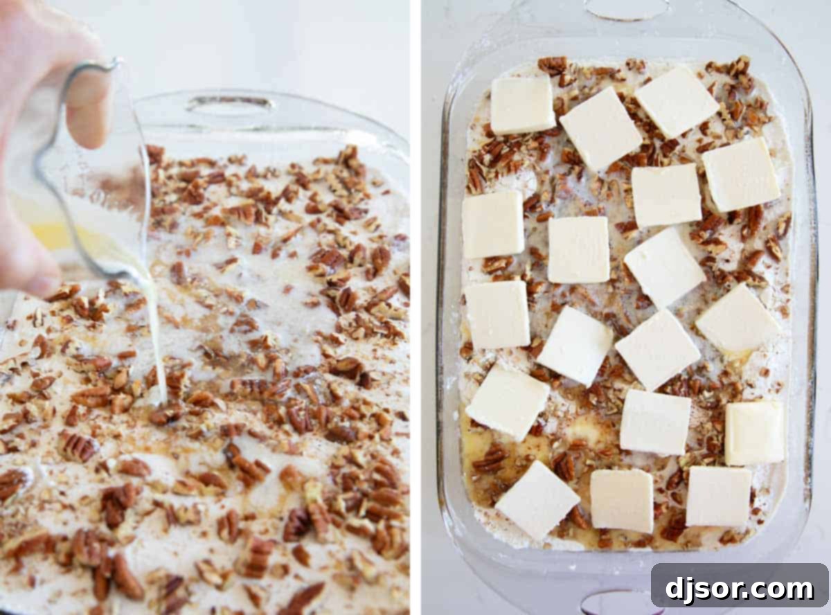 Autumn's Golden Pumpkin Dream 6 Melted butter being drizzled over the top of the cake mix and pecan layer, followed by thin slices of butter placed evenly across the surface of the pumpkin dump cake before baking.