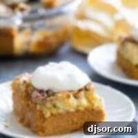 Autumn's Golden Pumpkin Dream 10 A slice of pumpkin dump cake with pecans, topped with whipped cream, photographed from a close-up angle.