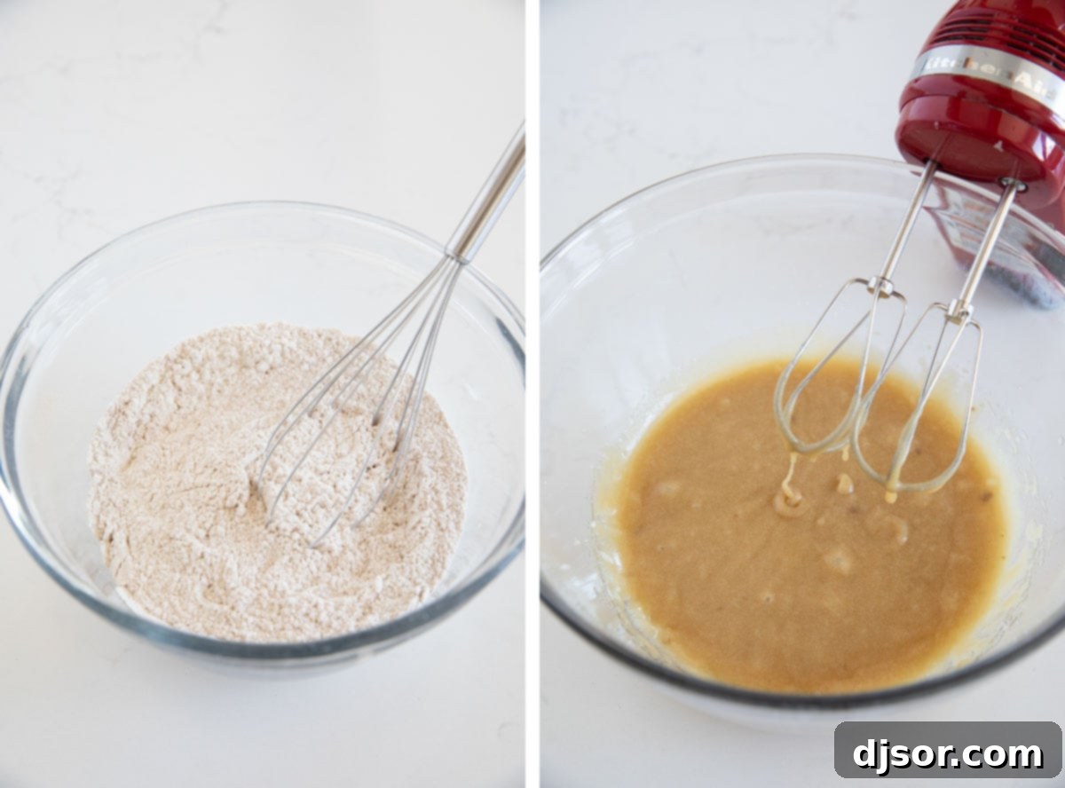 Harvest Pumpkin Chocolate Chip Delights 4 Mixing dry ingredients and mixing wet ingredients for pumpkin chocolate chip cookies.