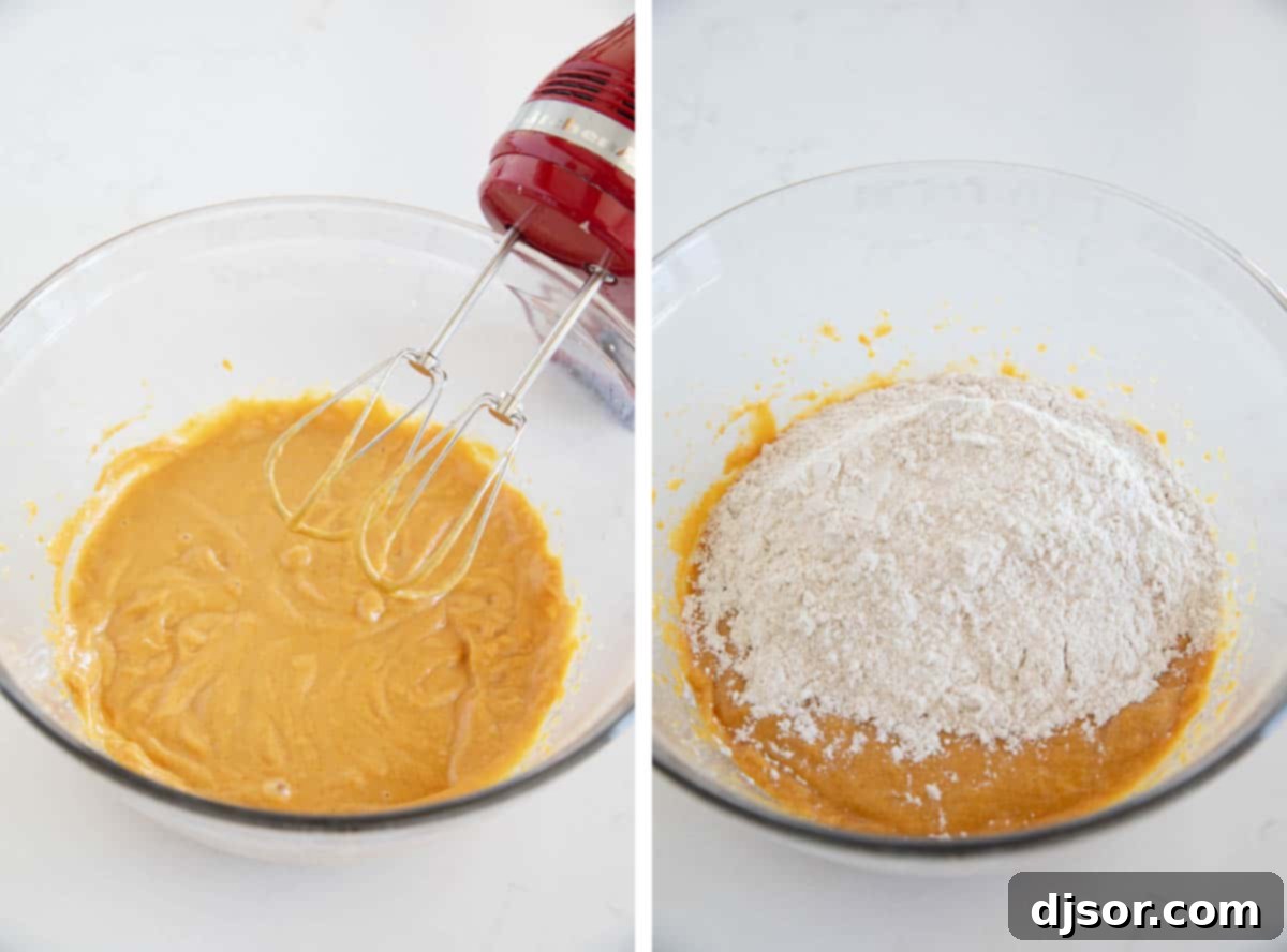 Harvest Pumpkin Chocolate Chip Delights 5 Mixing ingredients together and adding dry ingredients for pumpkin chocolate chip cookies.