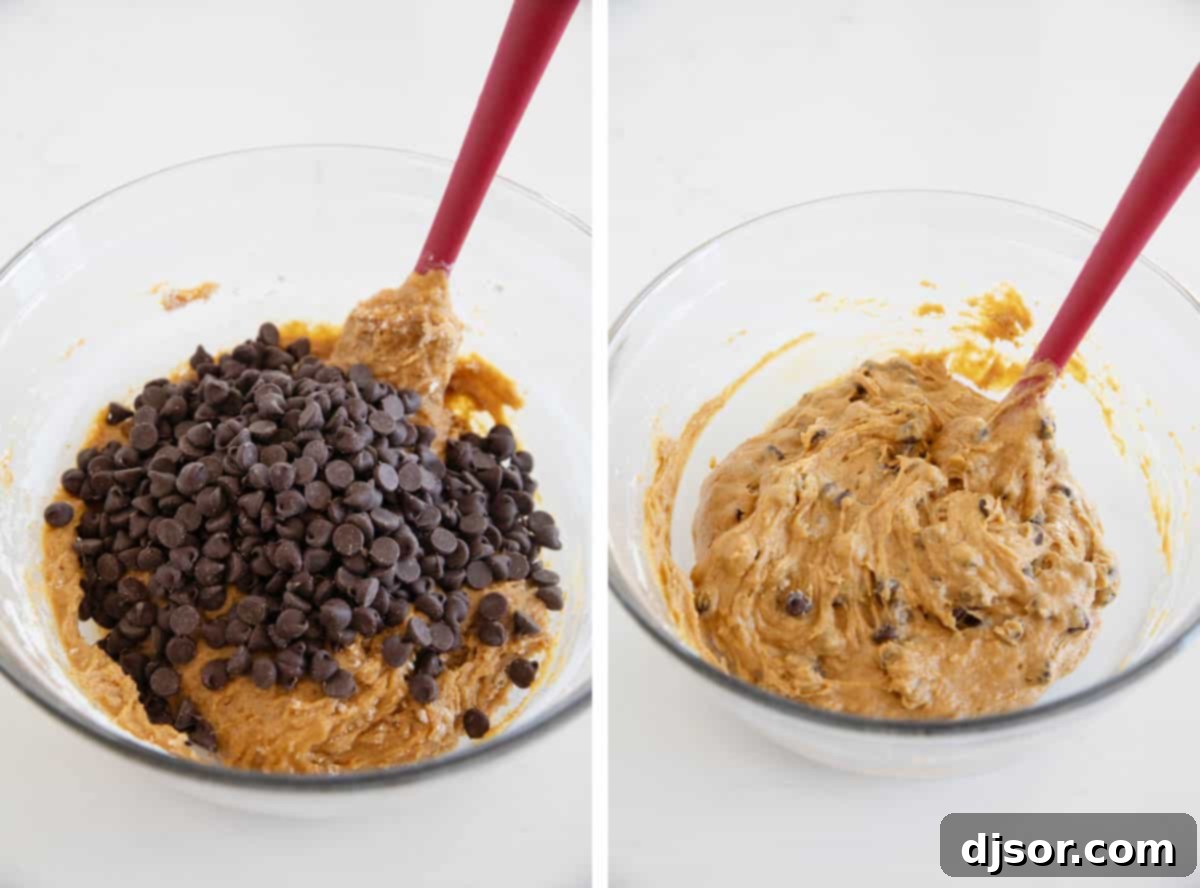 Harvest Pumpkin Chocolate Chip Delights 6 Adding chocolate chips to pumpkin cookie dough and mixing them in.
