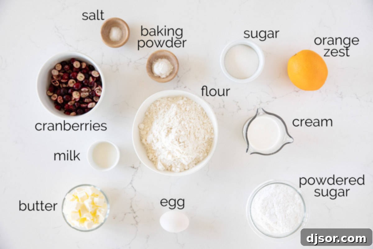 Arrangement of fresh ingredients for Cranberry Orange Scones, including flour, sugar, butter, cranberries, and oranges.