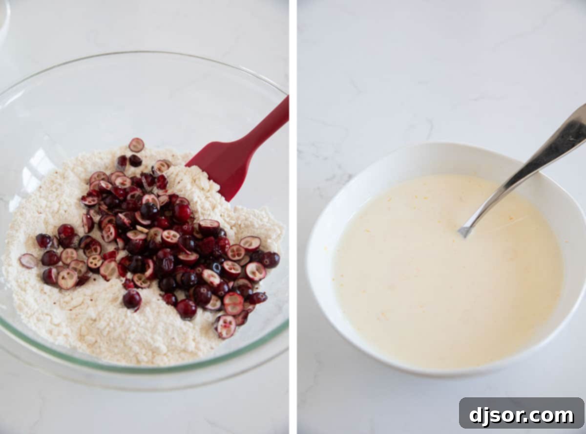 Fresh cranberries being added to scone dry ingredients, followed by an image of wet ingredients (cream, egg, orange zest) being whisked.