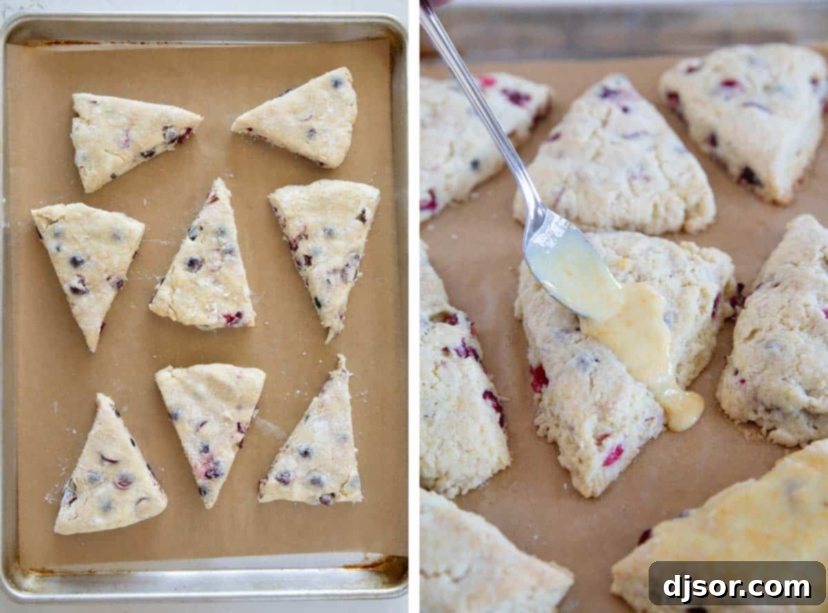 Cranberry Orange Scones baking in the oven and then being drizzled with orange glaze.