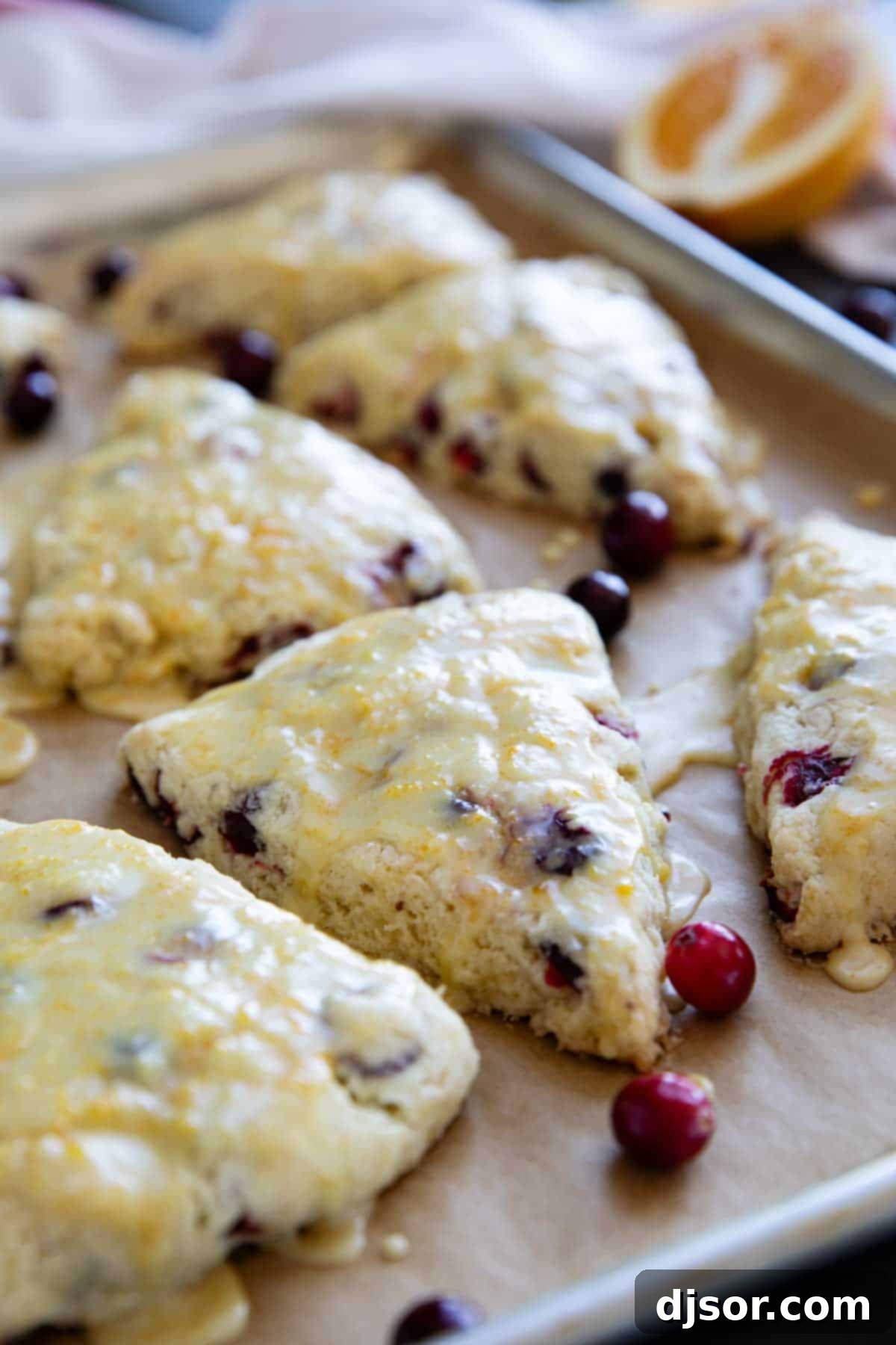 Close-up of glazed Cranberry Orange Scones on a baking sheet, ready to be served.