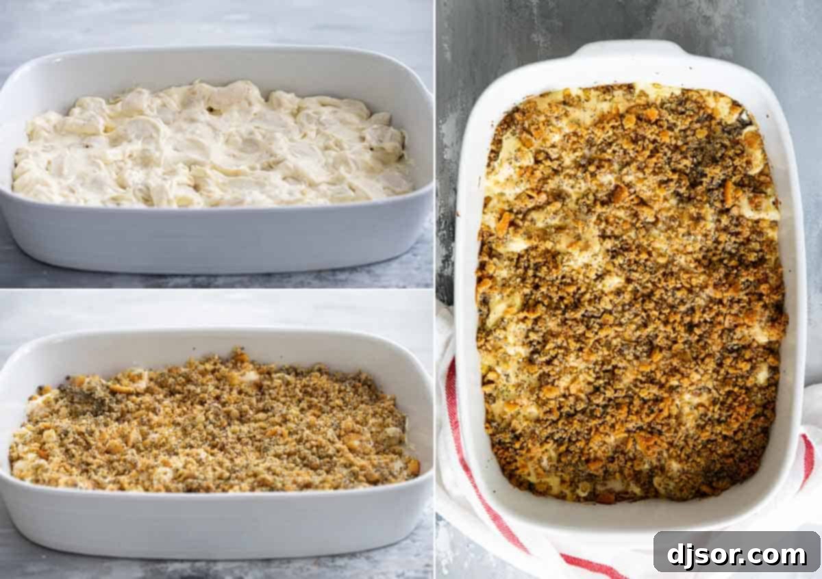 Step-by-step images showing the preparation of poppy seed chicken, from cooking chicken to mixing ingredients.