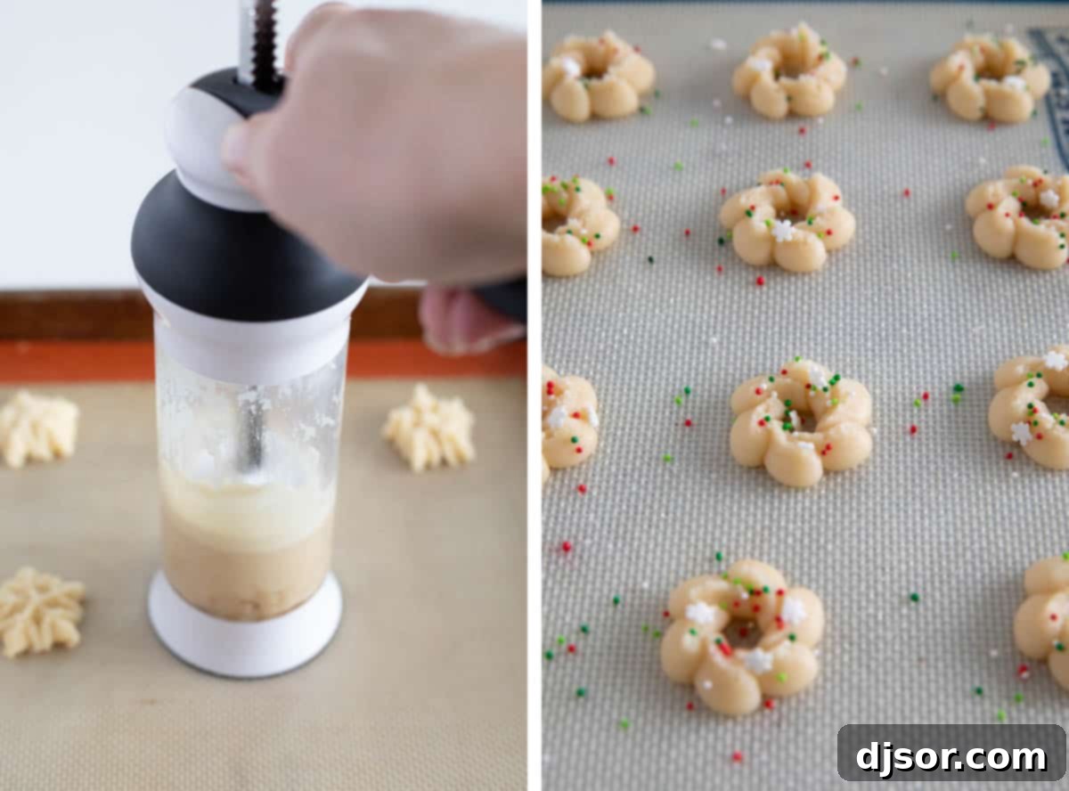 Homemade Spritz Cookies A Step-by-Step Guide 5 Using a cookie press to make cookies, and then adding sprinkles.
