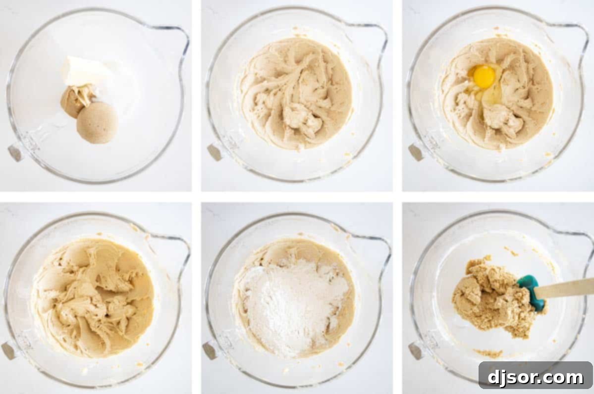 Three key steps shown in images: mixing ingredients to form cookie dough, rolling dough balls, and pressing a fork into cookie dough to create the classic criss-cross pattern before baking.