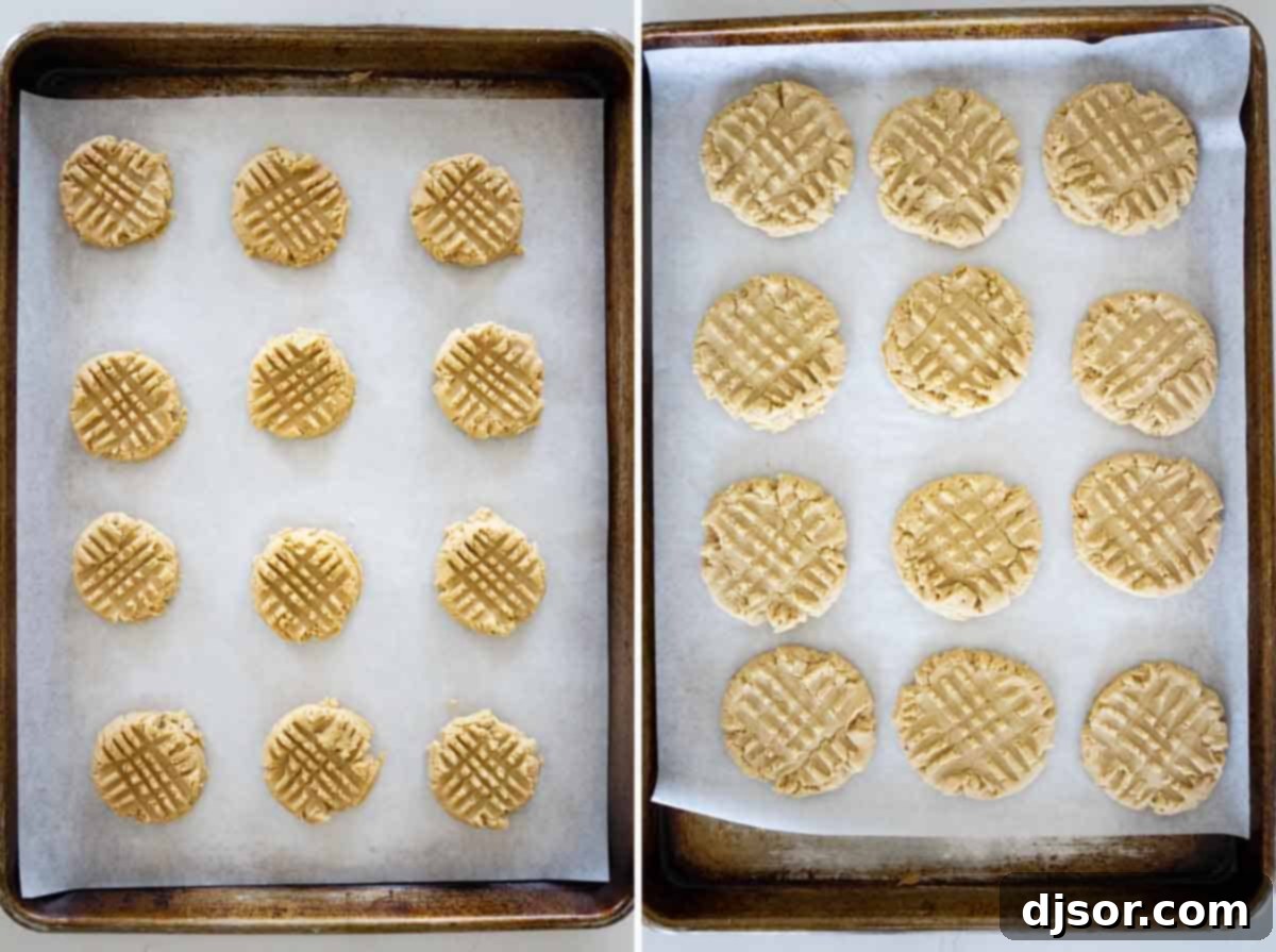 A side-by-side comparison of raw peanut butter cookie dough balls with the iconic criss-cross pattern and freshly baked, perfectly golden brown peanut butter cookies, illustrating the ideal doneness.