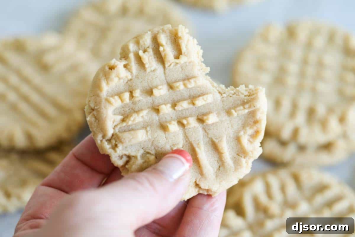 A hand holding a delicious, soft and chewy peanut butter cookie with a bite taken out, showcasing its tender interior and inviting texture. Perfect for a quick treat.