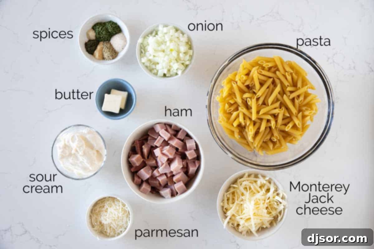 Key Ingredients for One-Pot Ham and Cheese Pasta with Ranch All the essential ingredients neatly arranged to create Ham and Cheese Pasta with Ranch