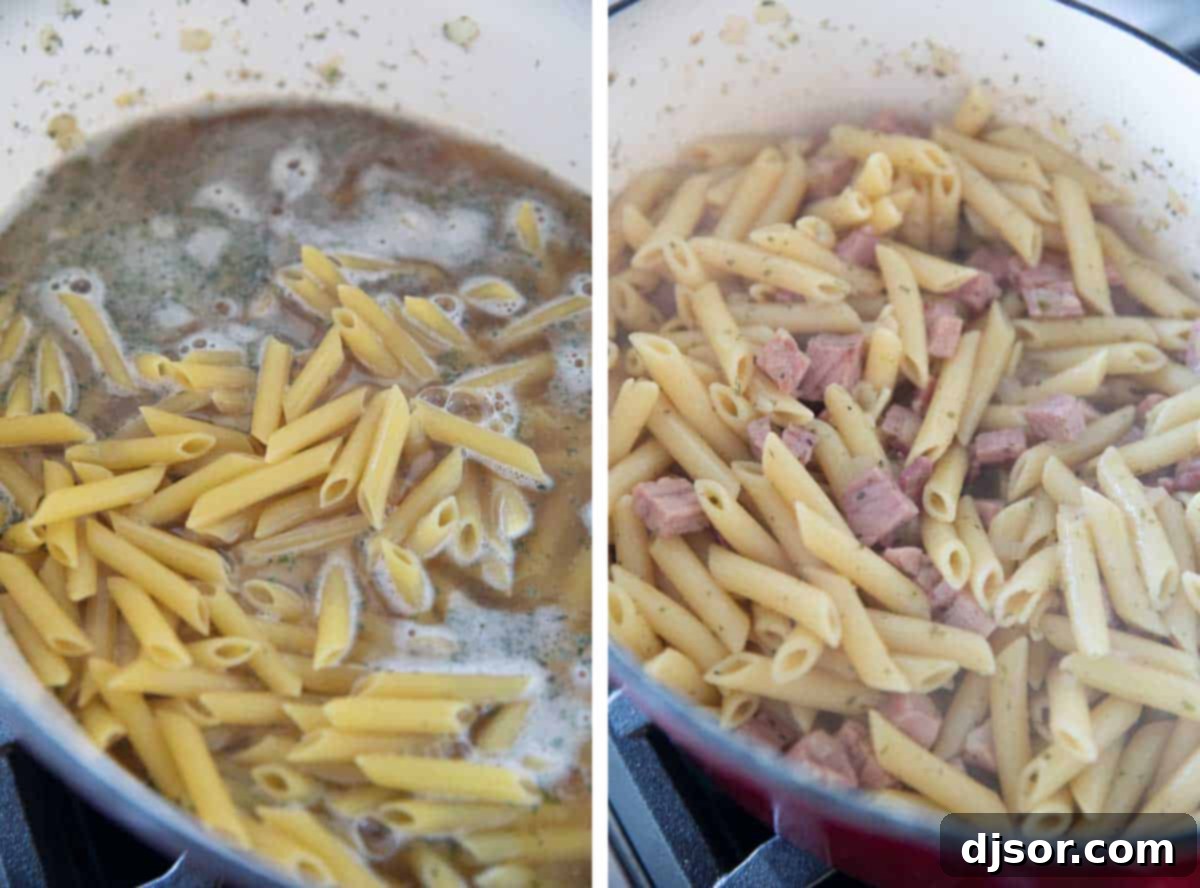 Cooking Pasta One-Pot Style with Ham and Ranch Adding dry penne pasta and water to a pot with ham and spices, ready to cook