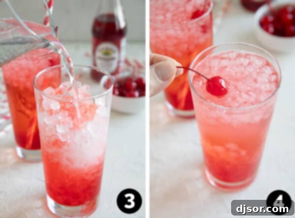 Lemon-lime soda and maraschino cherries being added to a glass already containing ice and grenadine, creating the vibrant Shirley Temple mocktail.