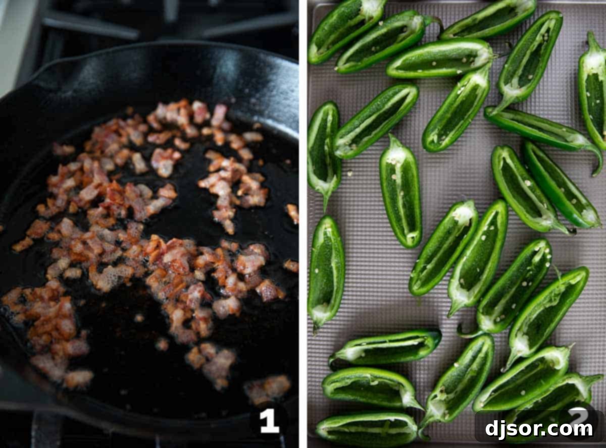 Cooking bacon, and cutting peppers in half for Jalapeño Poppers.