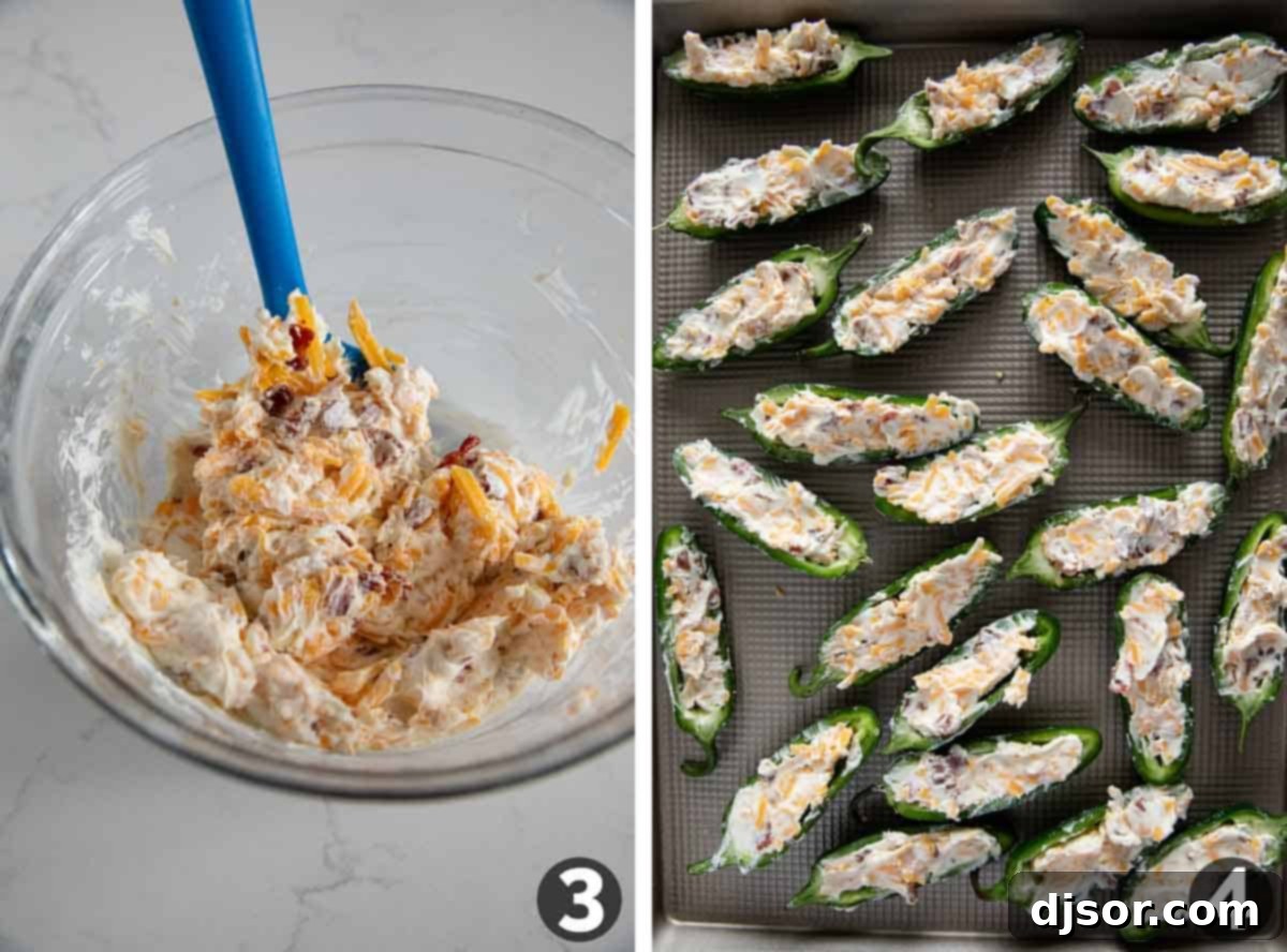 Filling for Jalapeño Poppers and stuffing Jalapeños with the filling.