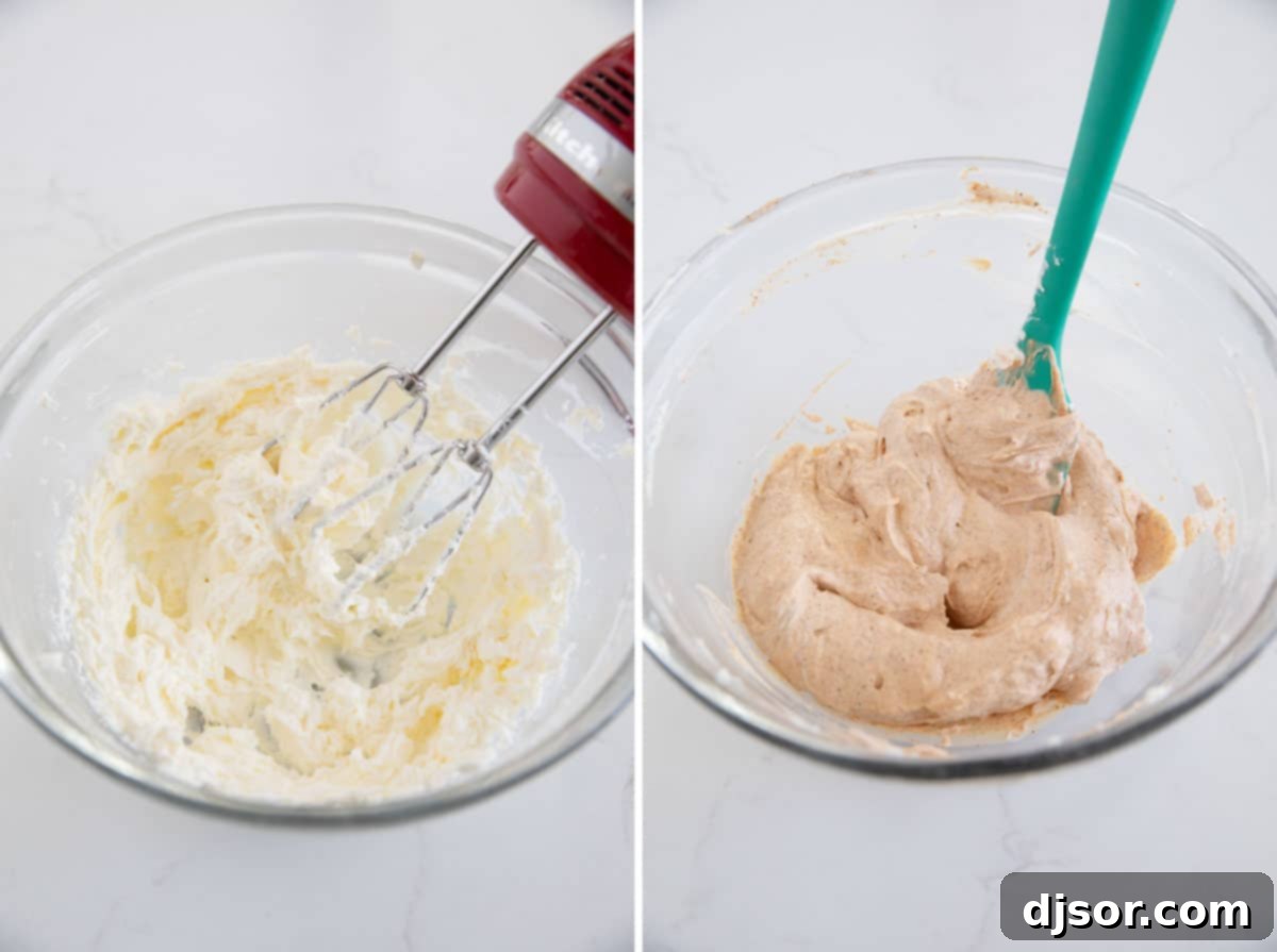 Beating cream cheese and making mixture for 7 layer dip.