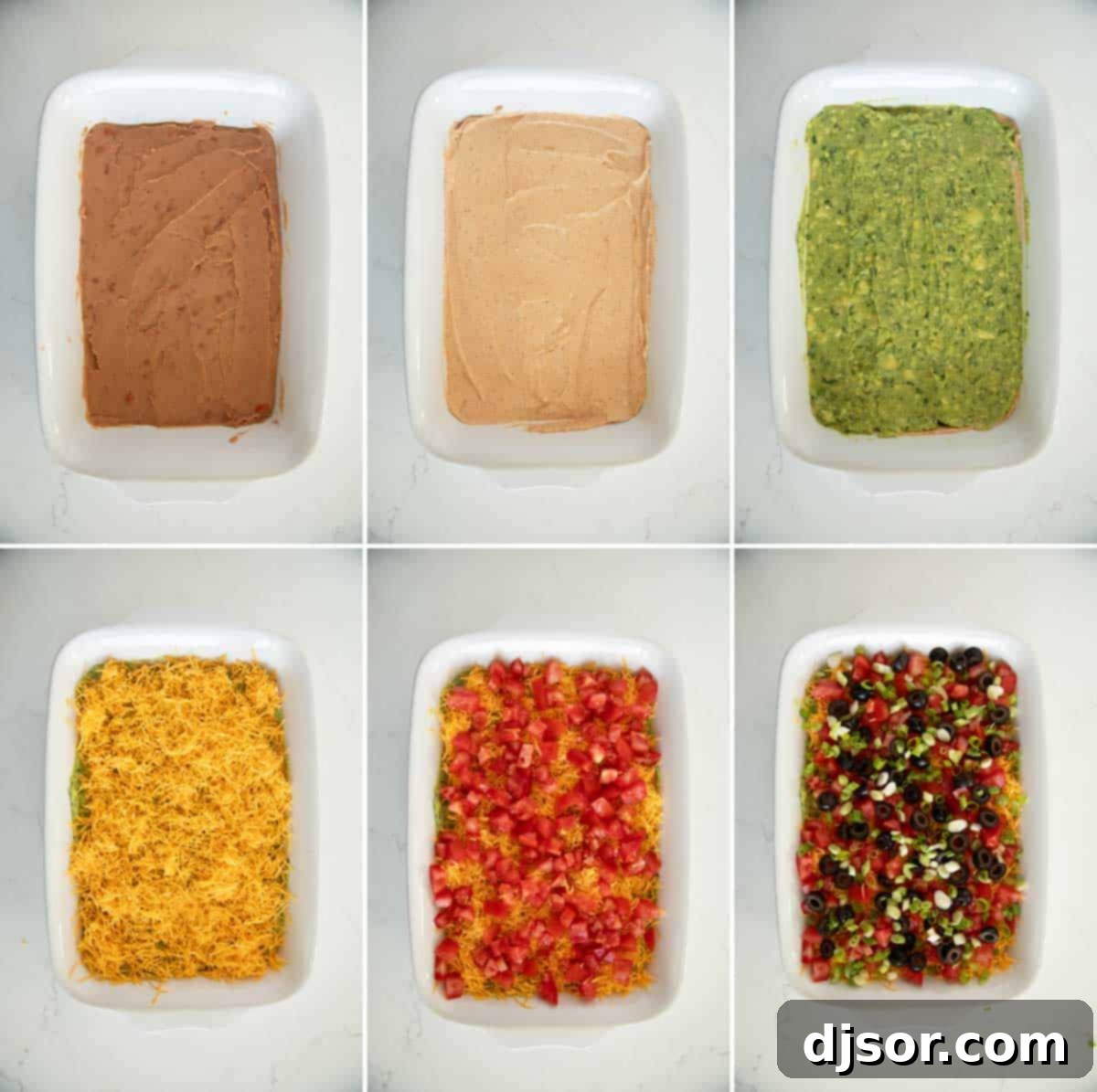 Assembling 7 Layer dip, showing all of the layers.