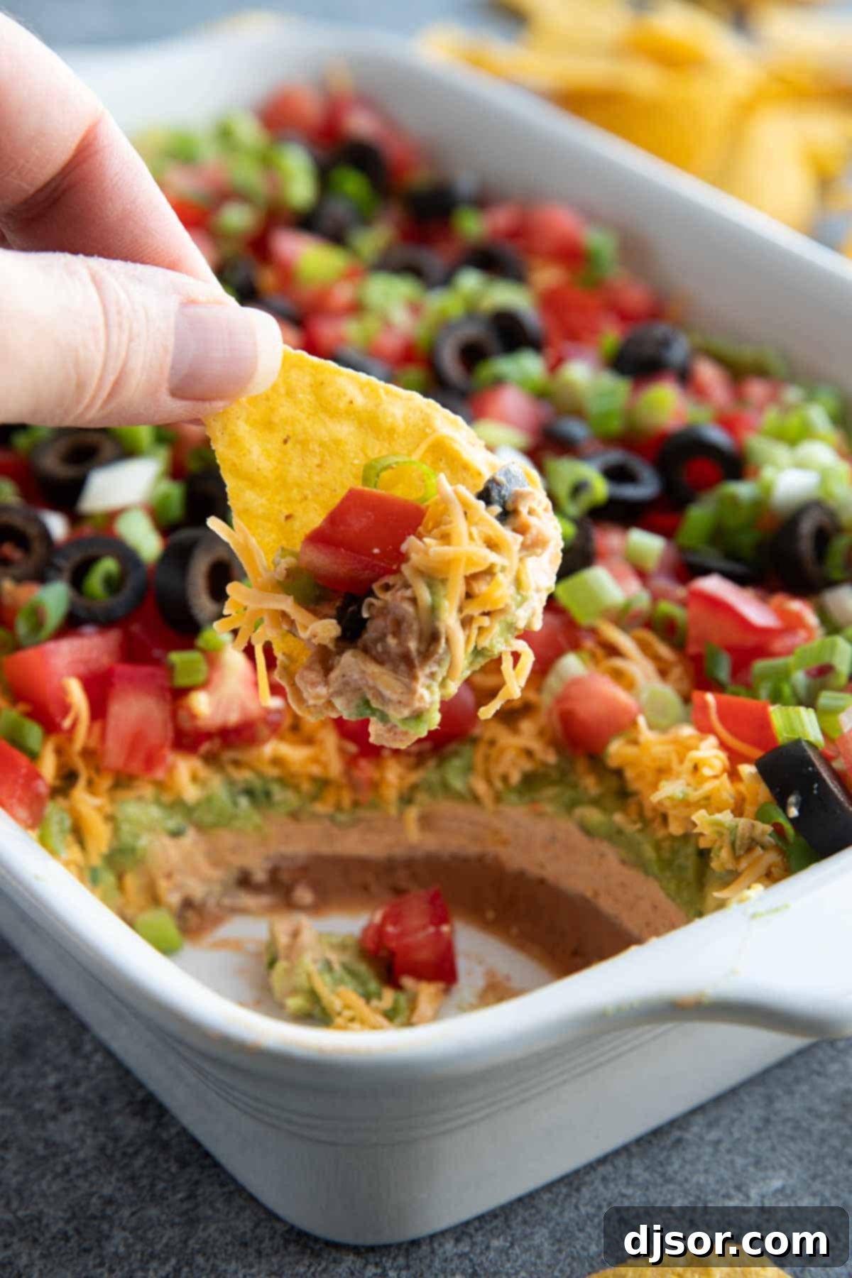 Tortilla chip with 7 layer dip.