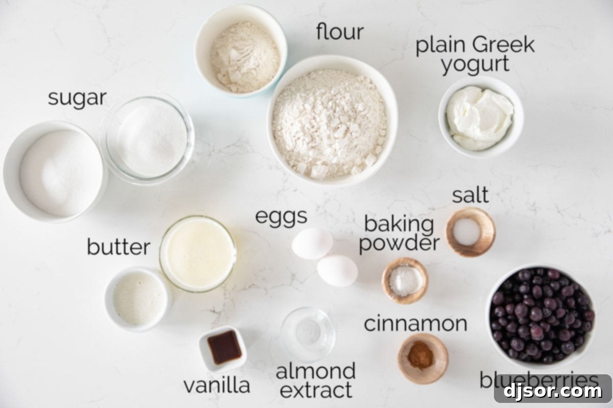 All the fresh ingredients laid out for making delicious blueberry muffins.