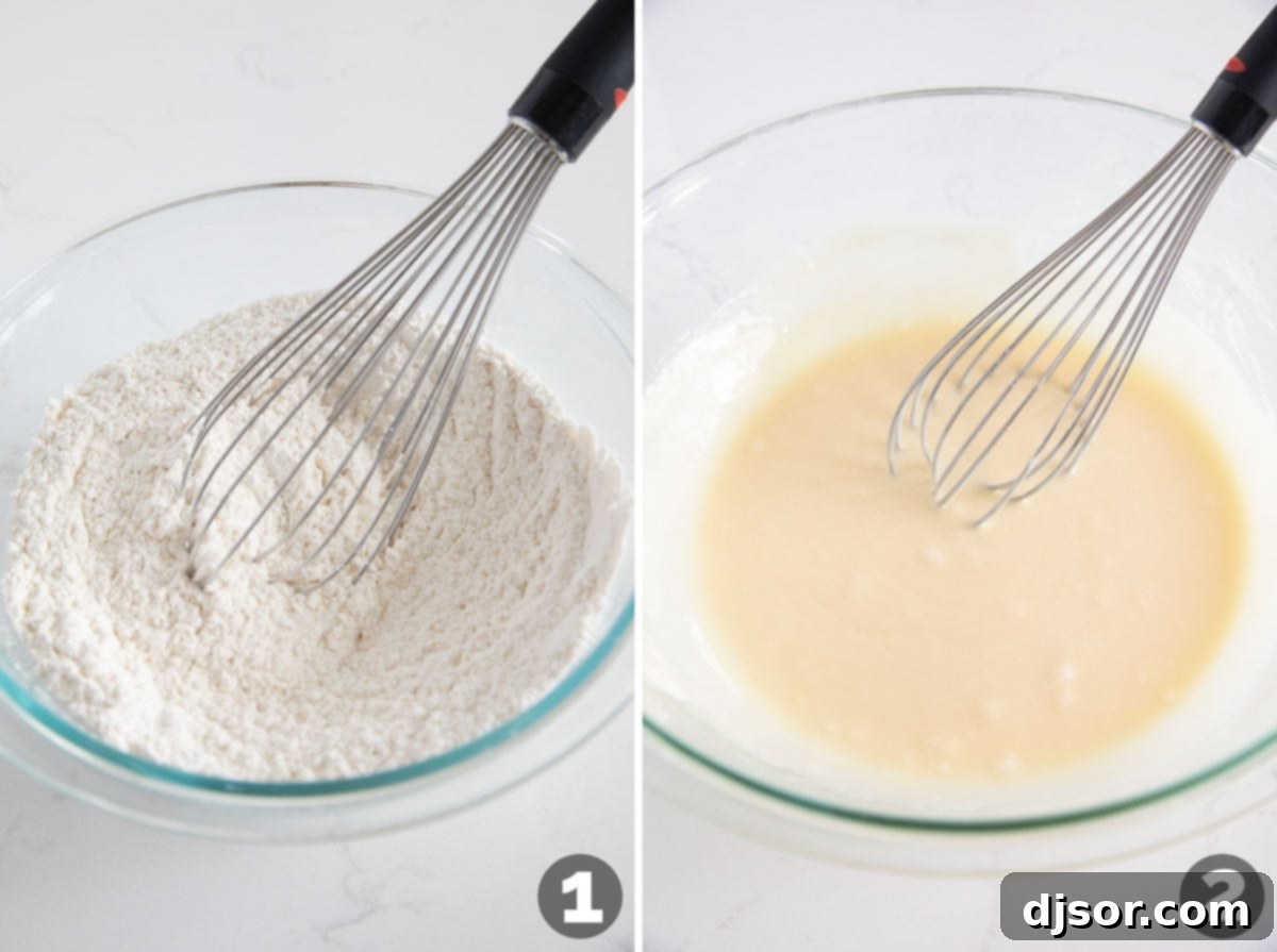 Hands mixing dry ingredients and wet ingredients separately for blueberry muffins.