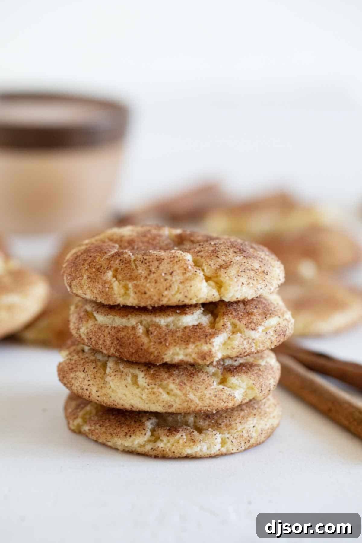 Perfectly soft, this is the best Snickerdoodle Recipe! This popular cinnamon sugar cookie recipe holds up for several days and requires no chilling time. You can have a batch on the table in no time! A perfectly arranged stack of five golden Snickerdoodle cookies, showcasing their soft texture and cinnamon-sugar coating.