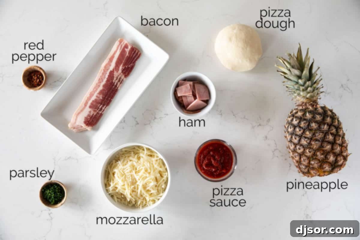 A collection of fresh ingredients neatly arranged on a white cutting board, including slices of ham, strips of bacon, chunks of fresh pineapple, a ball of pizza dough, a bowl of tomato sauce, and a pile of shredded mozzarella cheese, ready to make Hawaiian Pizza.