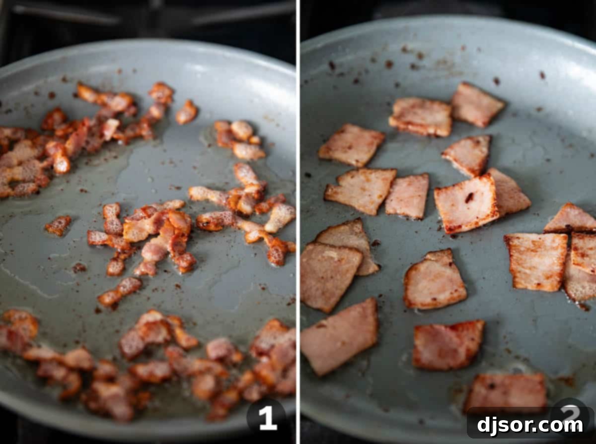 A sequence of preparation steps for Hawaiian Pizza, showing bacon sizzling in a hot skillet, followed by cubed ham browning in the same skillet with bacon grease.
