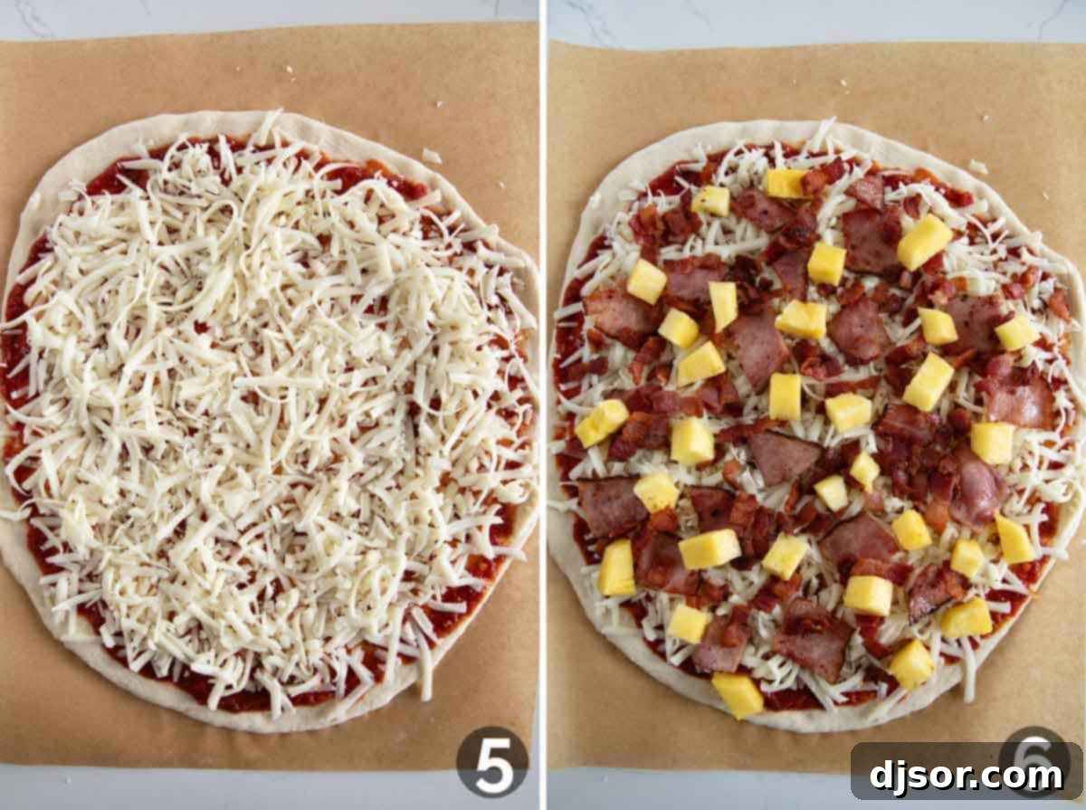 A partially assembled Hawaiian Pizza, with mozzarella cheese spread over the sauce, followed by a scattering of crispy bacon, browned ham, and cubed fresh pineapple, awaiting final baking.