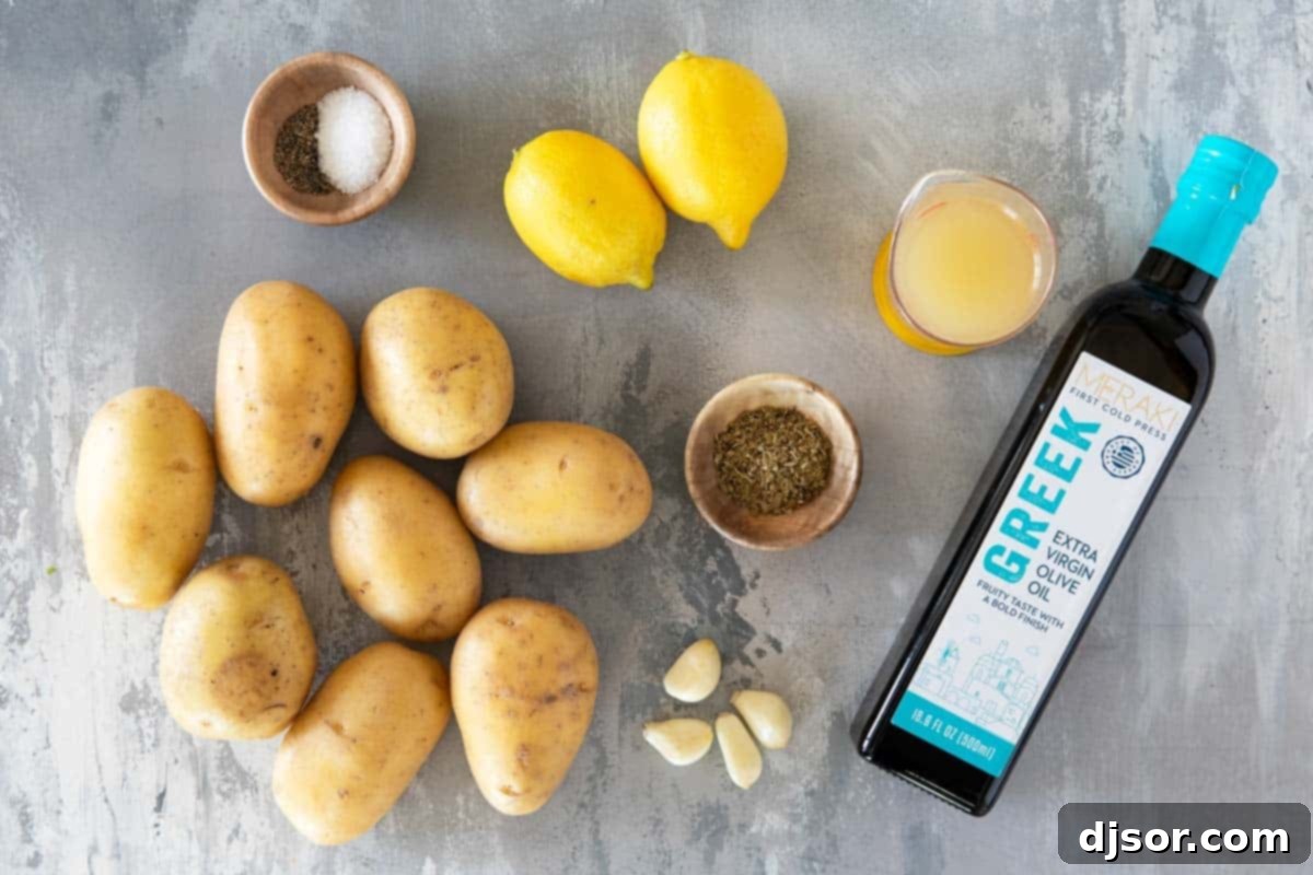 Zesty Greek Lemon Potatoes 3 Ingredients for Greek Lemon Potatoes laid out on a cutting board.