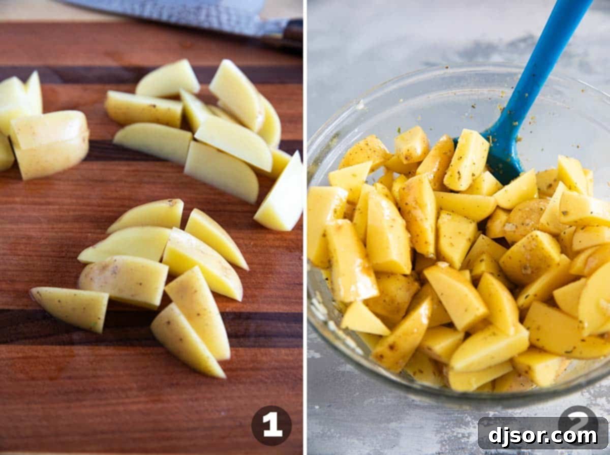 Step-by-step image showing prepped potatoes in a bowl being coated with a vibrant mixture of olive oil, lemon juice, and seasonings.