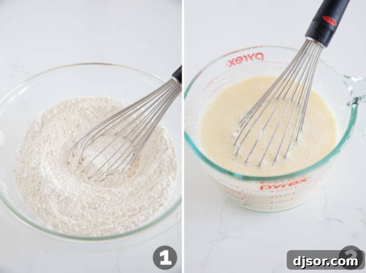 Collage showing steps to make sheet pan pancakes, including mixing wet ingredients and mixing dry ingredients.