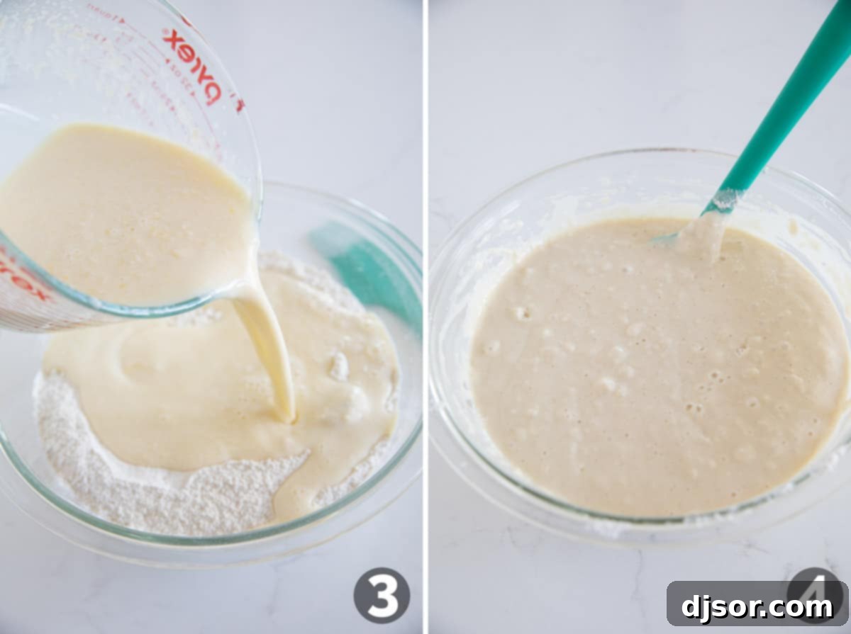 Collage showing steps to make sheet pan pancakes, including combining wet and dry ingredients and mixing them together.