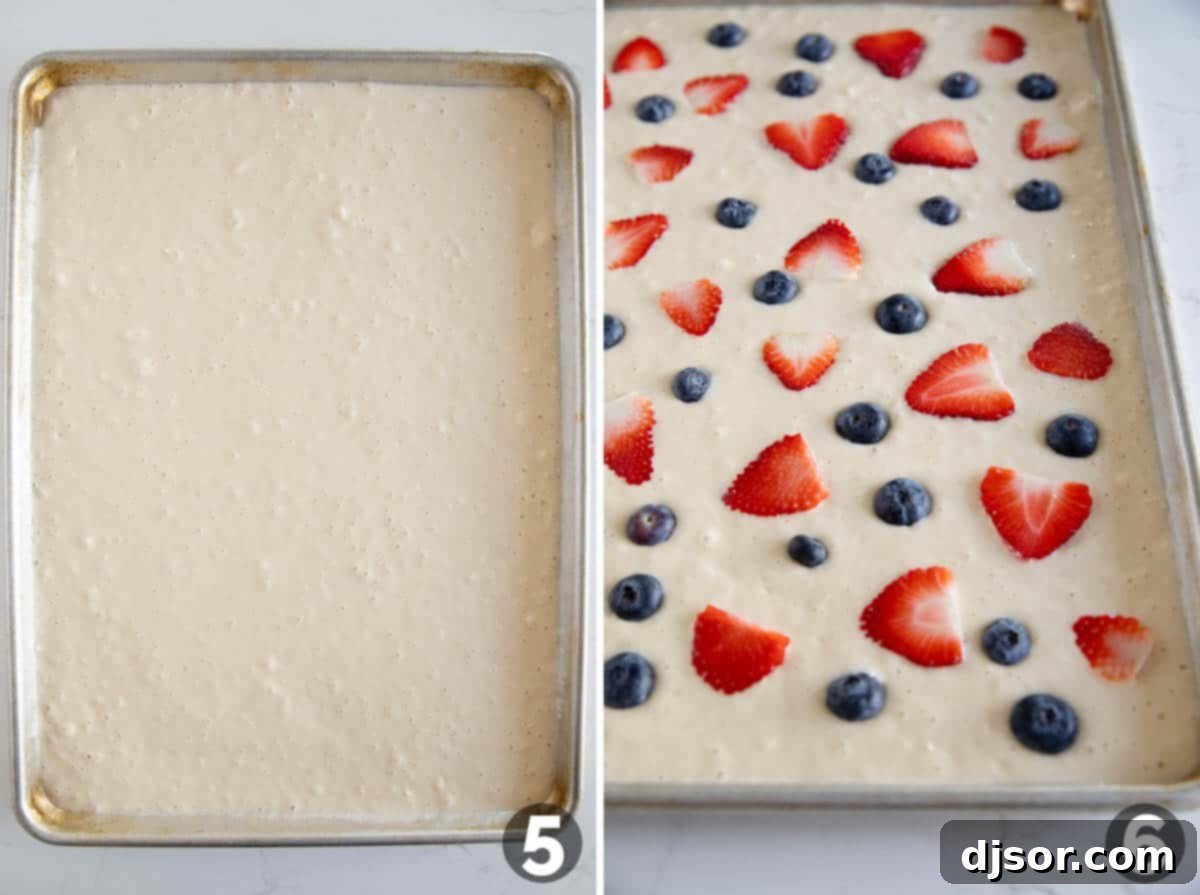 Collage showing steps to make sheet pan pancakes, including pouring batter into a prepared pan and adding berries on top.