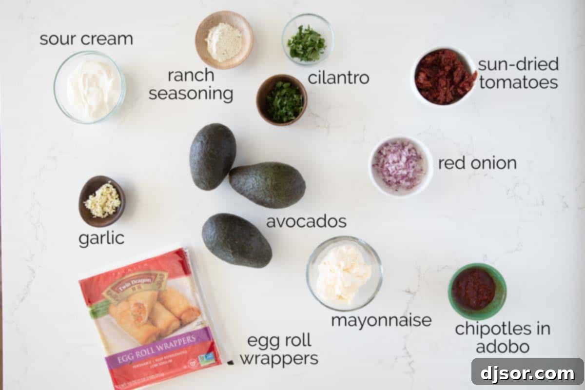 Ingredients for preparing Avocado Egg Rolls and Chipotle Ranch Dipping Sauce