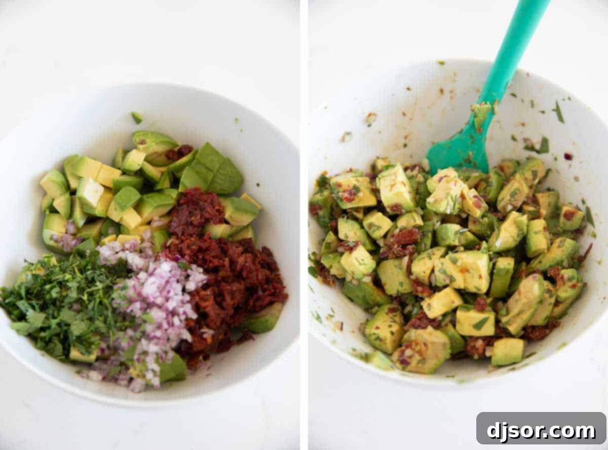 Creamy avocado, sun-dried tomato, and red onion filling for egg rolls