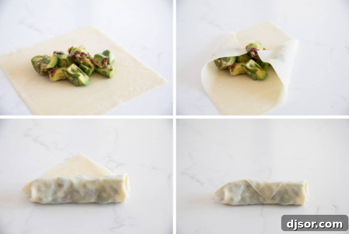 Illustrated steps for wrapping avocado egg rolls