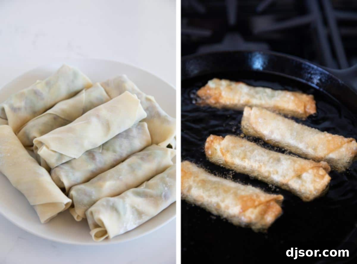 Frying avocado egg rolls in a cast iron pan