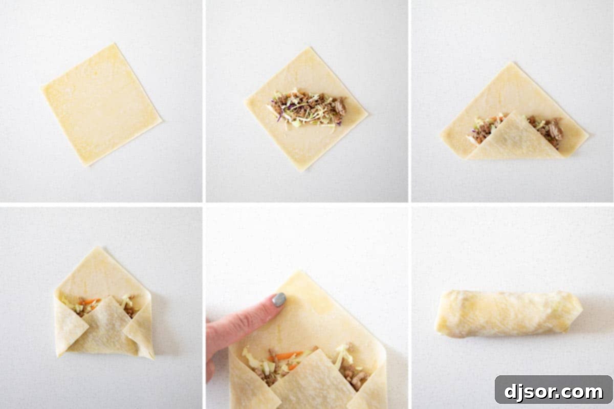 Crispy Homemade Egg Rolls 2 Steps showing how to roll an egg roll.