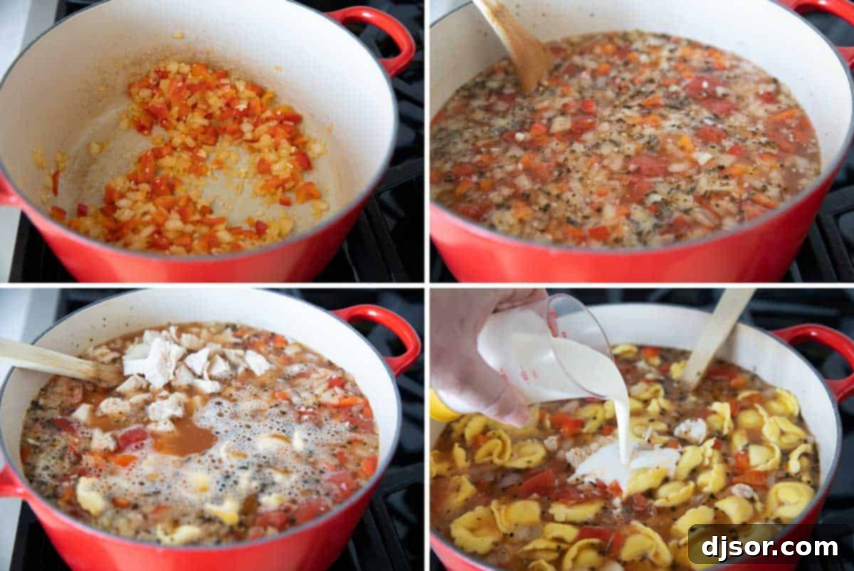 How to make Chicken Tortellini Soup Three sequential images demonstrating the steps to prepare Chicken Tortellini Soup: sautéing vegetables, adding broth and other ingredients, and finally simmering with chicken and tortellini.