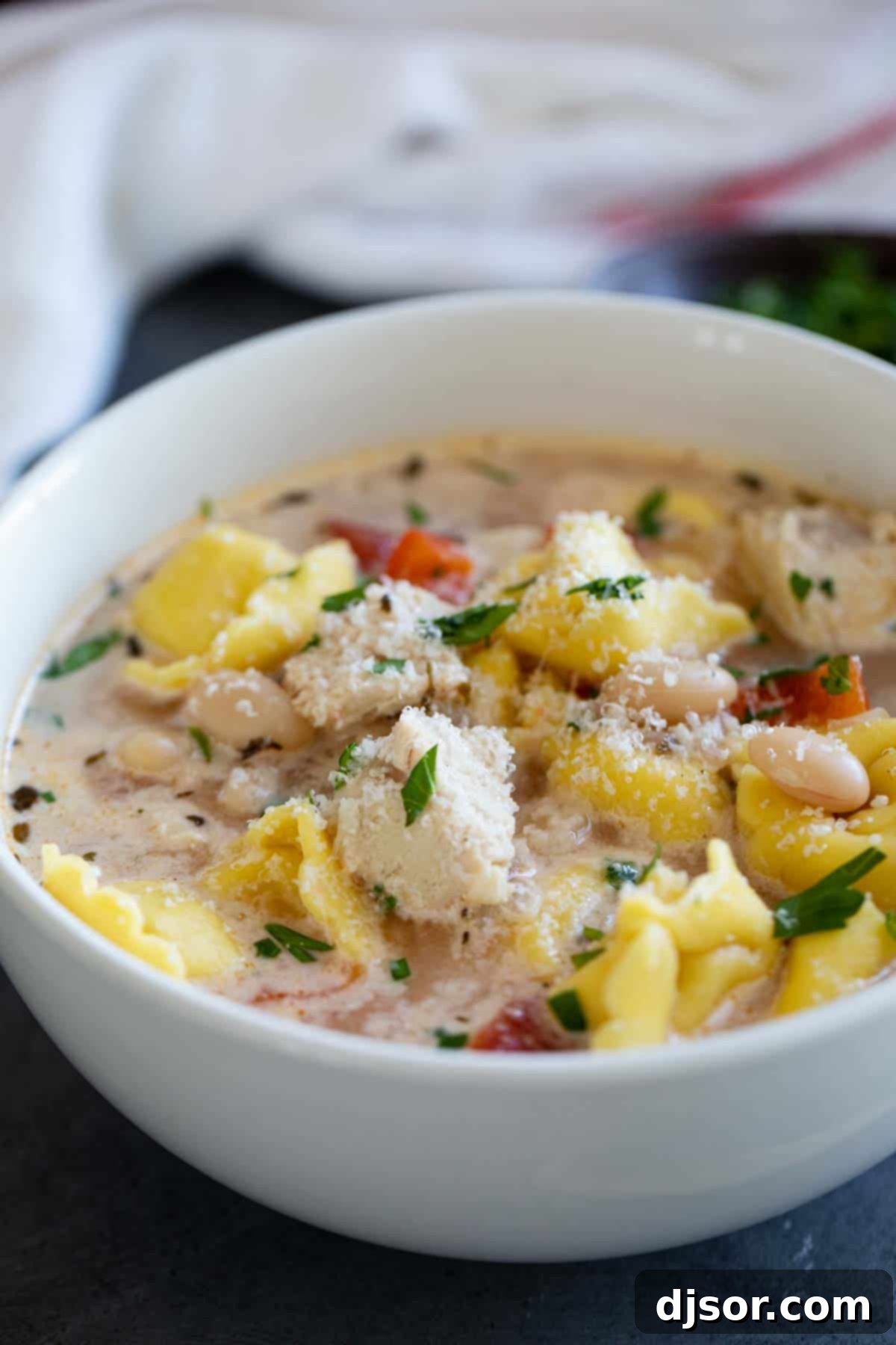 Chicken Tortellini Soup with Tomatoes and Beans A close-up of a rustic bowl filled with Chicken Tortellini Soup, showing the blend of diced tomatoes, white beans, and tortellini swimming in a rich broth.