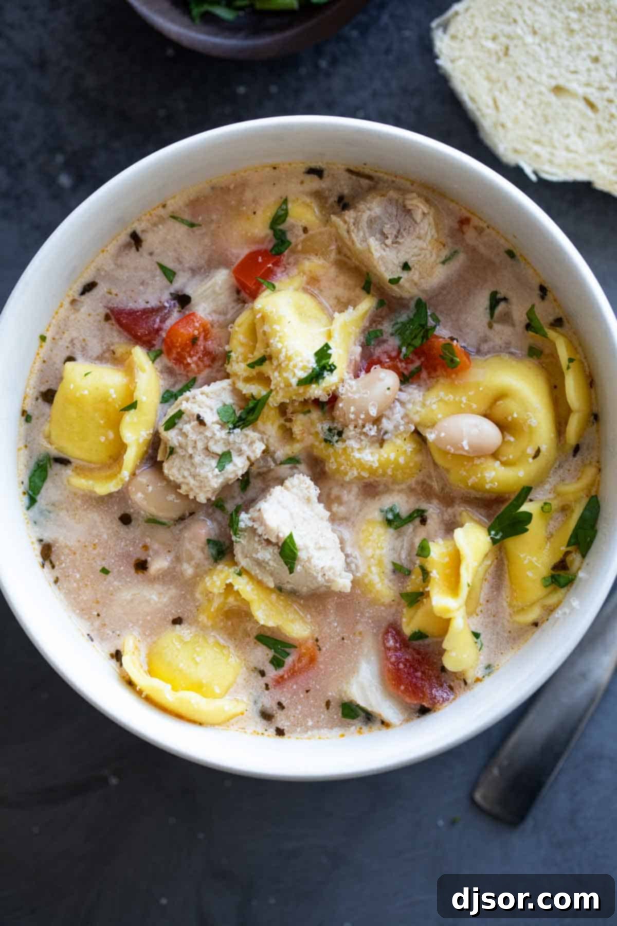 Chicken Tortellini Soup with Parmesan A bowl of Chicken Tortellini Soup generously topped with grated Parmesan cheese, highlighting its creamy texture and comforting appeal.