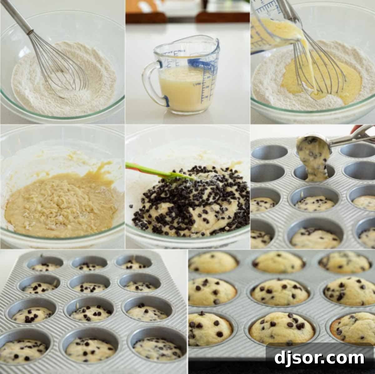 Step-by-step process of making chocolate chip muffins, showing dry ingredients, wet ingredients, and the combined batter with chocolate chips.