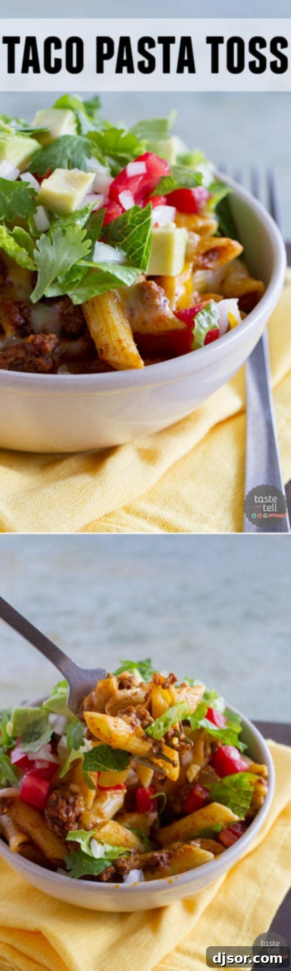 A wide, top-down shot of the finished Taco Pasta Toss in a large white bowl, garnished with a colorful array of fresh toppings including shredded lettuce, diced tomatoes, avocado slices, cilantro, and a dollop of sour cream, showcasing its appeal as a complete, vibrant meal.