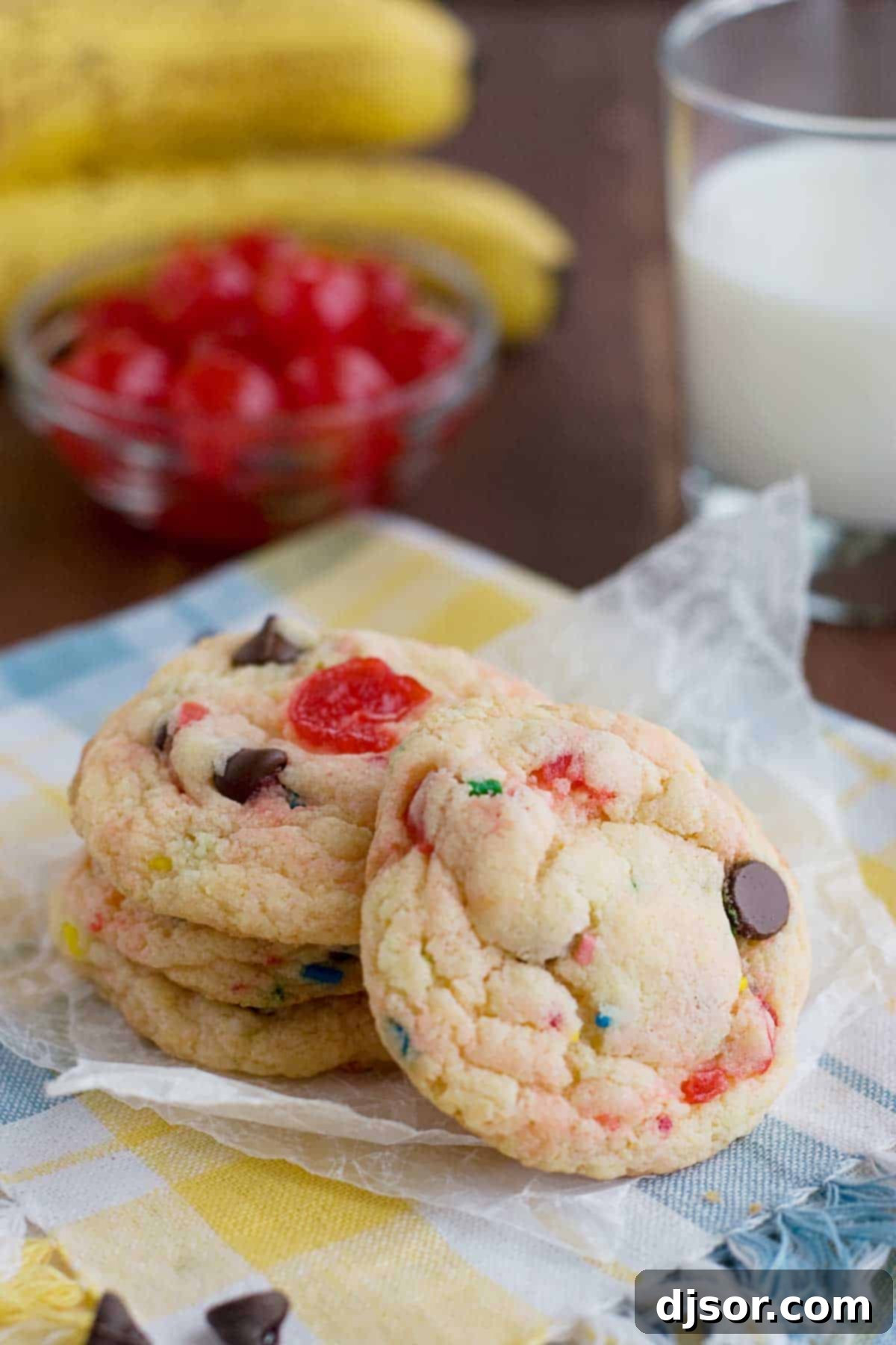 Fun Banana Split Cake Mix Cookies 2 Stack of Banana Split Cake Mix Cookies with vibrant colors.