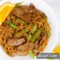 Orange Teriyaki Beef with Noodles with peas