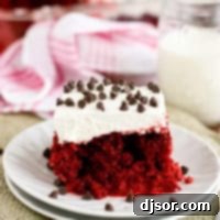 Slice of red velvet tres leches cake topped with mini chocolate chips on a plate.