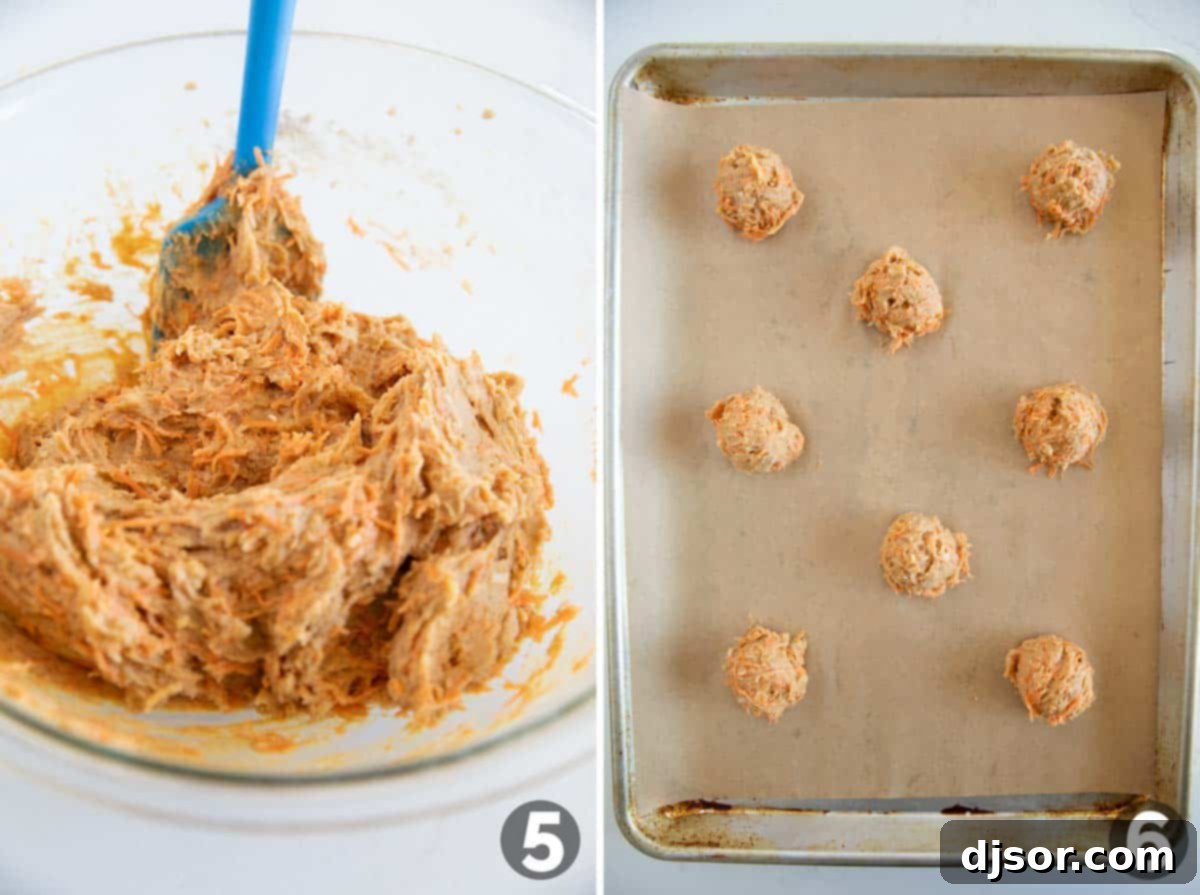 Carrot Cake Drops 6 Mixing carrot cake cookie dough and placing on a baking sheet.